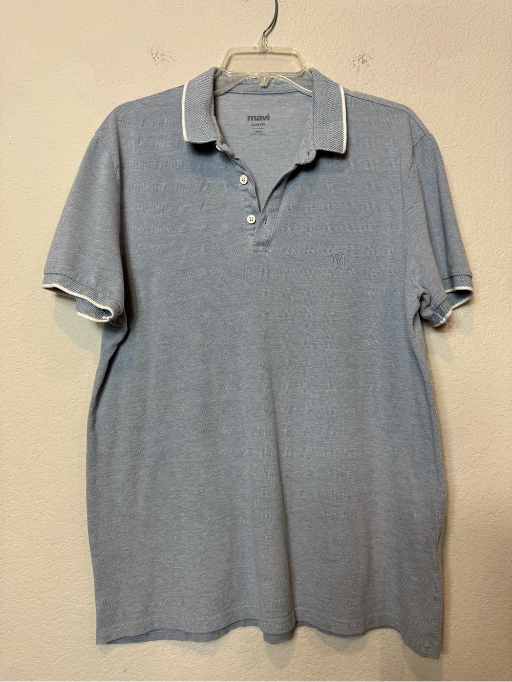 Mavi Men’s Light Blue Gray Pique Polo Shirt Slim Fit 100% Cotton Embroidered L